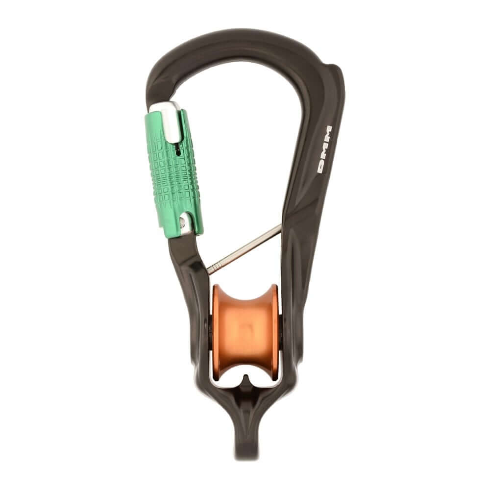 High-performance DMM Revolver Rig Locksafe carabiner with integrated pulley for tree surgeon applications.