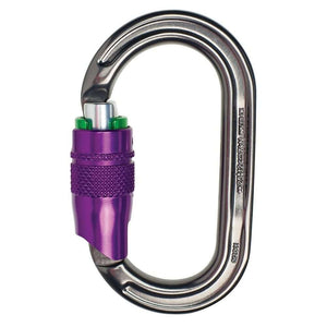 A silver-colored DMM Ultra O Durolock 4 Way Locking Karabiner with a purple adjustment sleeve.