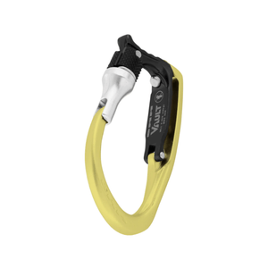 DMM Vault Lock Harness Clip showing robust aluminum construction and secure locking mechanism.