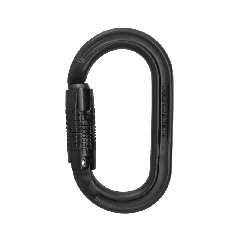 Ultra O Karabiner by DMM, black locksafe carabiner designed for climbing and tree surgeons.