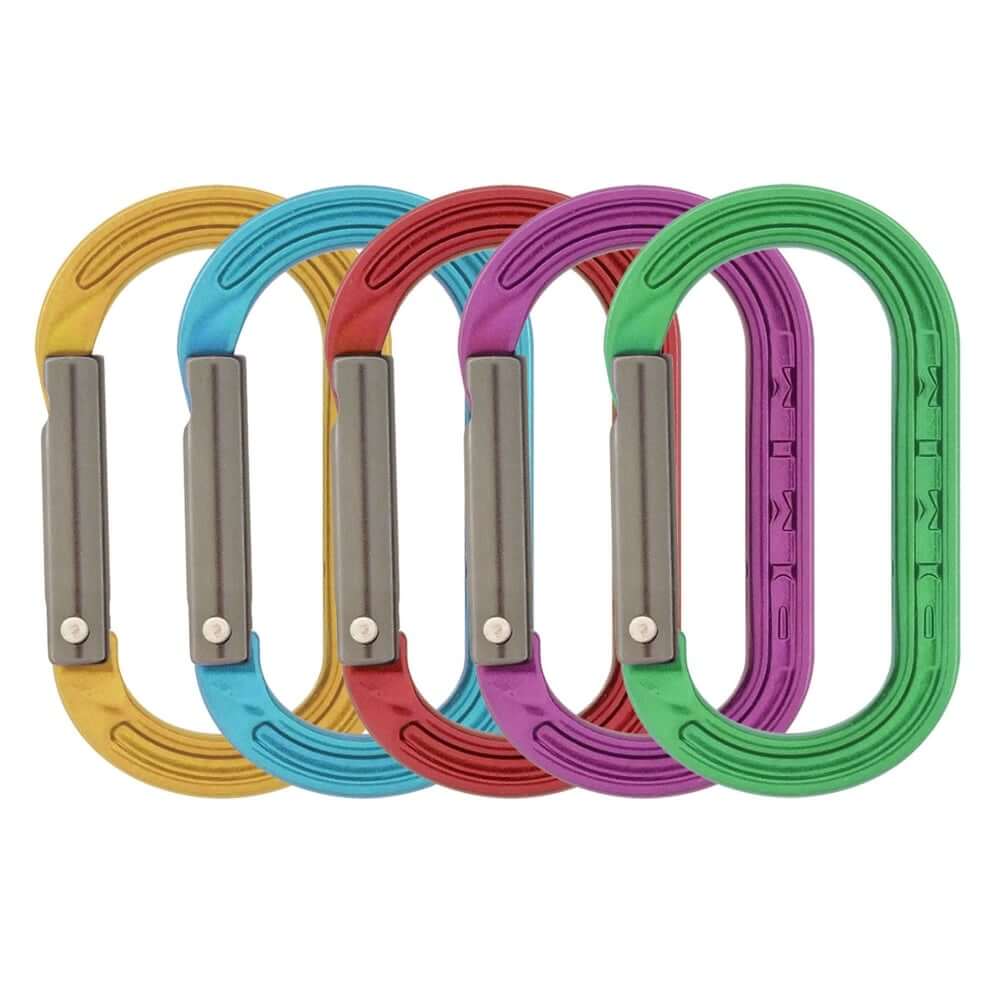 Set of five colorful DMM carabiners with gray metal clips on a white background