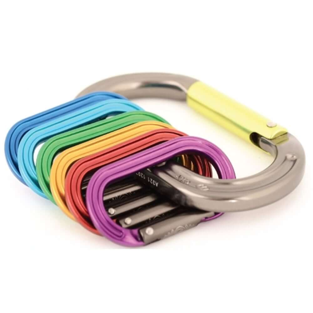 Colorful XSRE mini carabiners stacked in rainbow order, designed for tree surgeons and outdoor adventures.