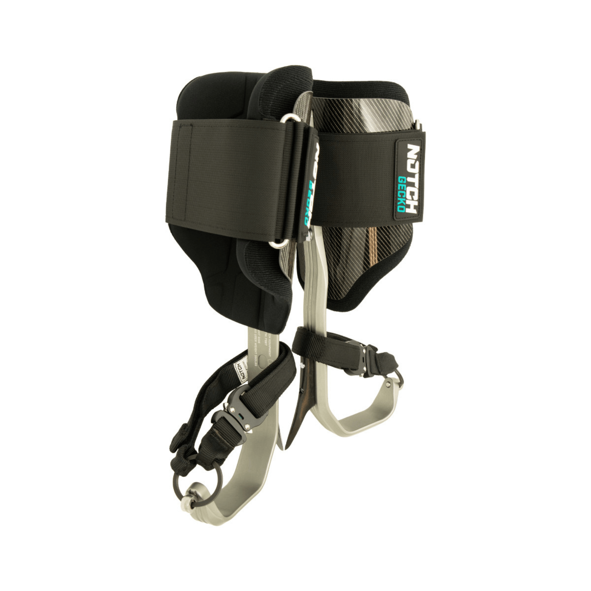 Gecko 3.0 Aluminium Tree Climbing Spikes with anatomically moulded cuffs and adjustable height.