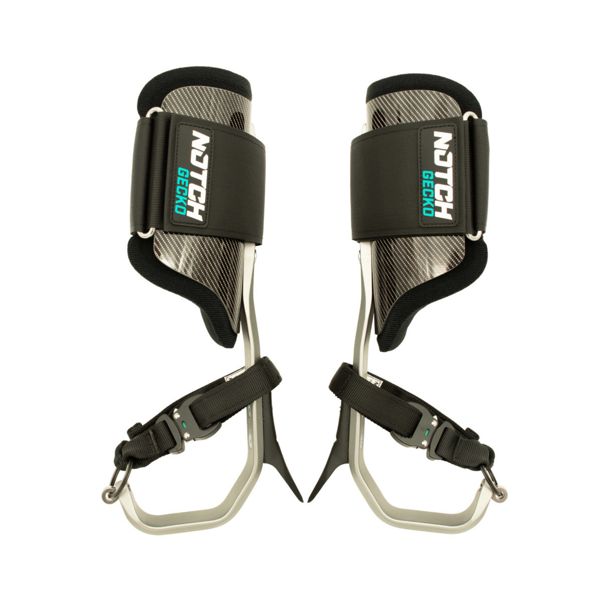 Gecko 3.0 Aluminium Tree Climbing Spikes with anatomically moulded cuffs and adjustable height for tree climbing.