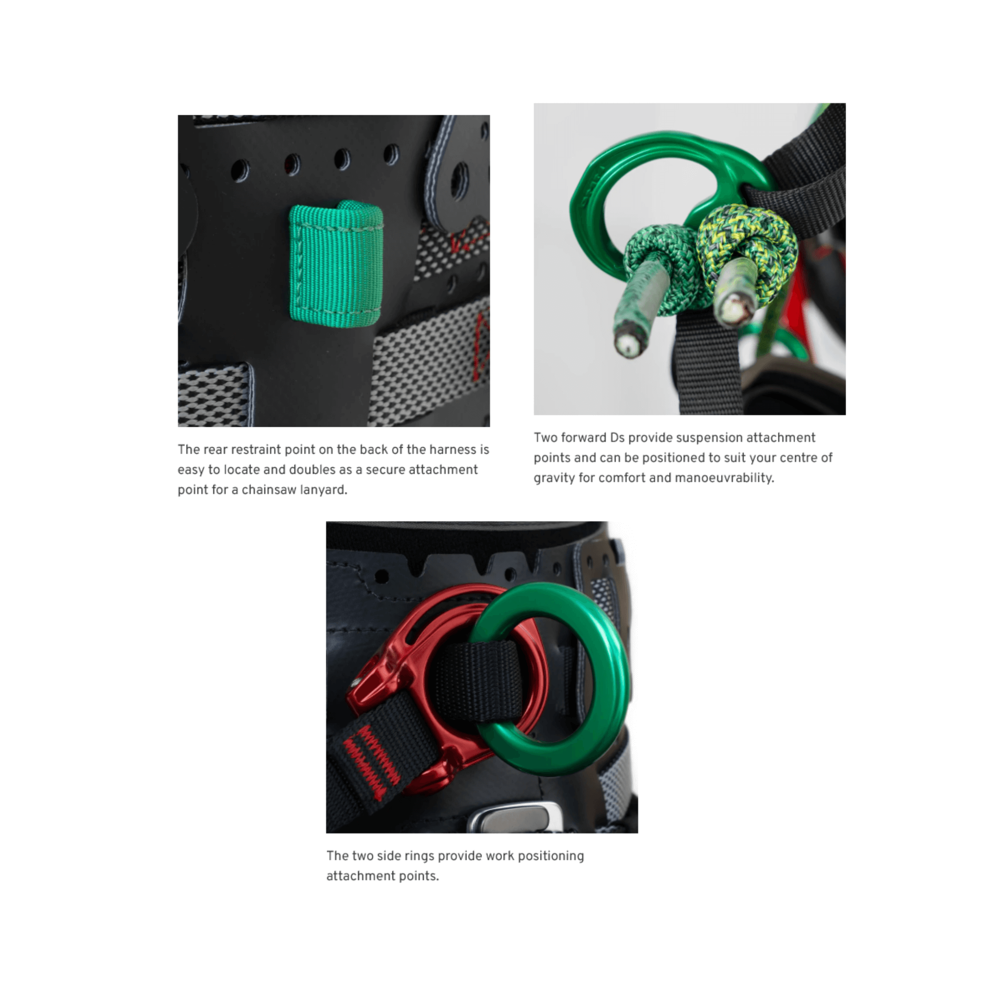 DMM Kinisi Air Harness features including restraint point, forward D attachment points, and side rings for climbing safety.
