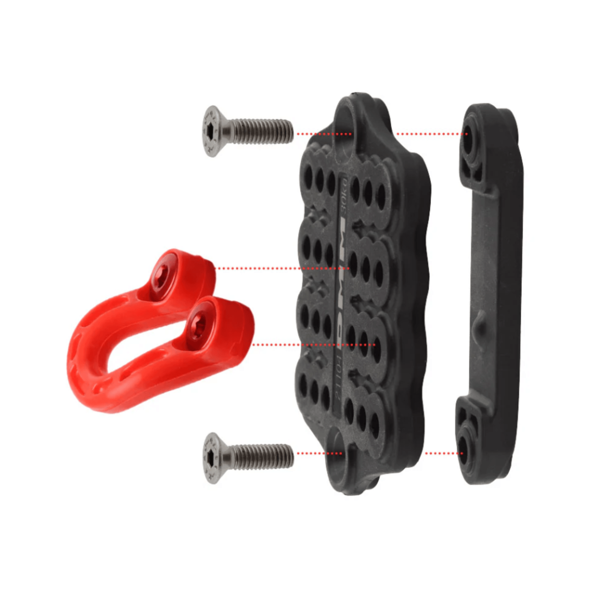 DMM Stowaway Storage Loops components with screws and a red attachment hook for organizing tools.