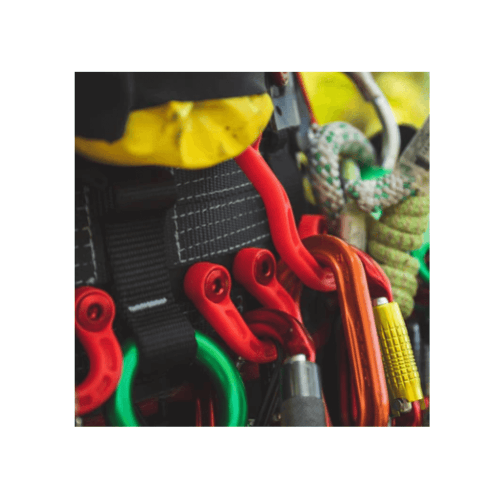 DMM Stowaway Storage Loops on a climbing harness for flexible tool organization