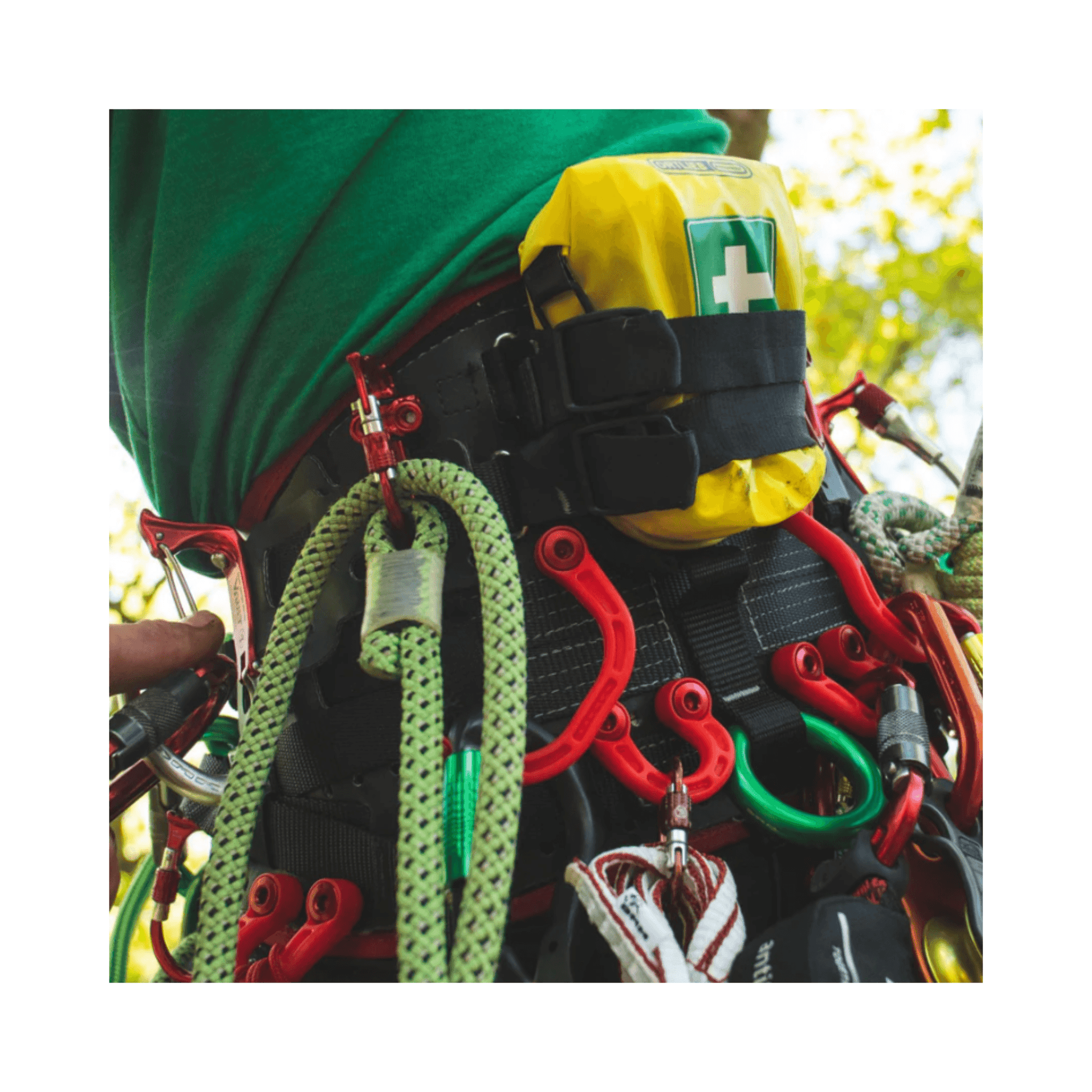 DMM Stowaway Storage Loops attached to a climbing harness, showcasing a flexible storage solution for tools and accessories.