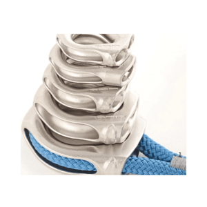 DMM Thimble stacked above blue braided rope, showcasing stainless steel construction for rope protection.