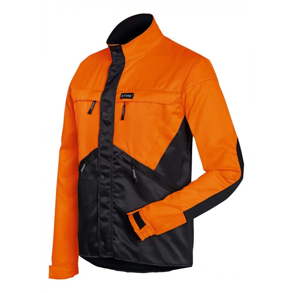 STIHL Dynamic Work Jacket in orange and black, designed for tree surgeons and outdoor work, waterproof and breathable.
