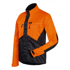 STIHL Dynamic Work Jacket in orange and black, designed for tree surgeons and outdoor work, waterproof and breathable.