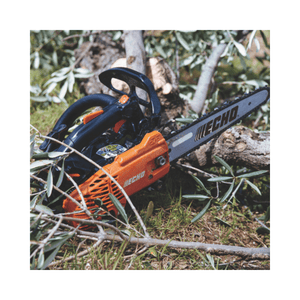 ECHO CS-2511TESC Petrol Top Handle Chainsaw 10" on the ground among branches and foliage.