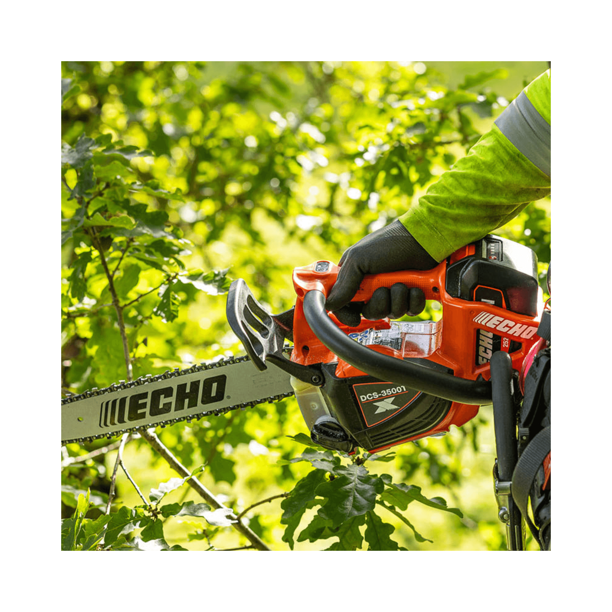 DCS-3500T Battery Top Handle Chainsaw 14" in action, trimming trees by a professional arborist.