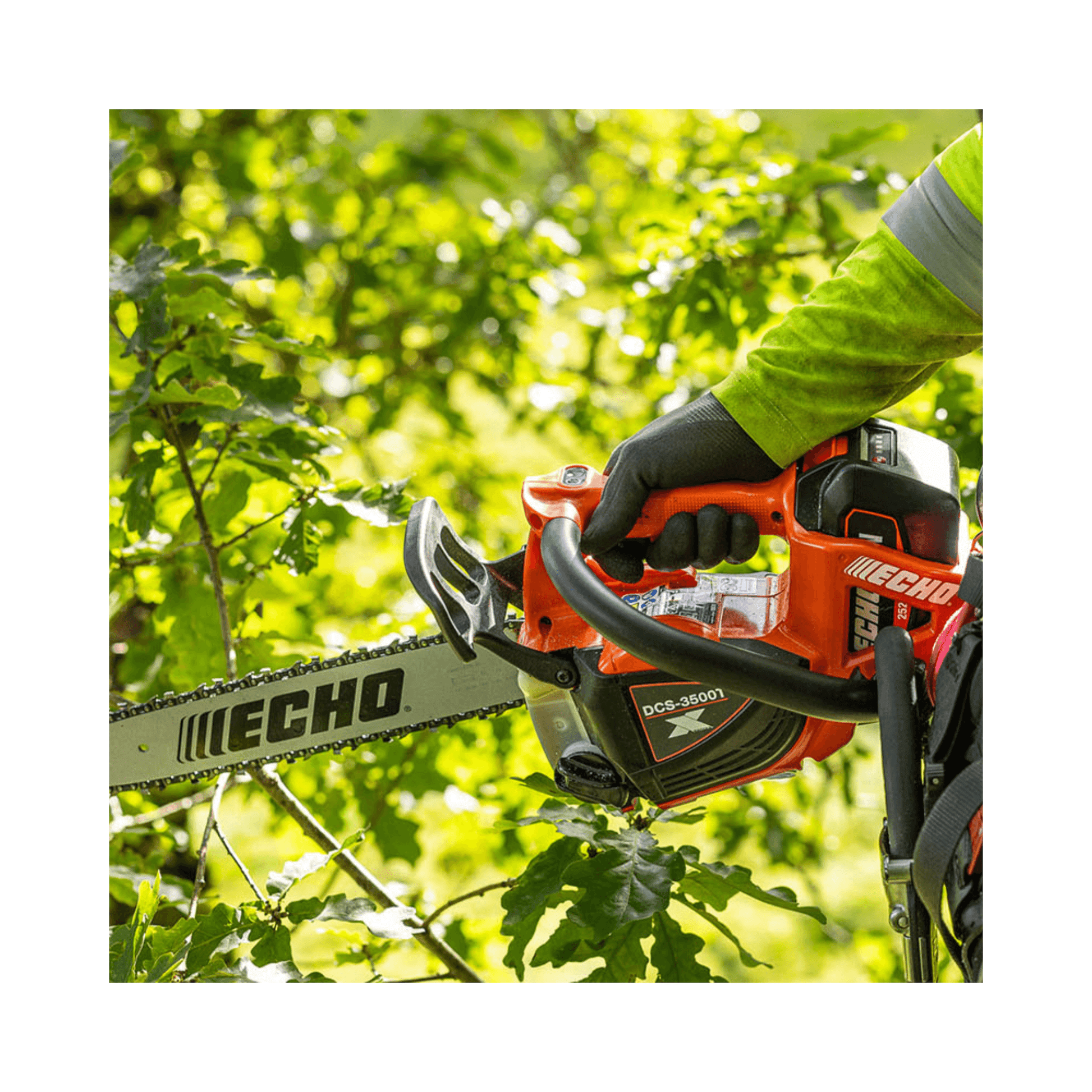 DCS-3500T Battery Top Handle Chainsaw 14" in action, trimming trees by a professional arborist.