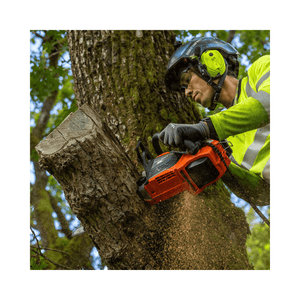 DCS-3500T Battery Top Handle Chainsaw 14" in action by an arborist, cutting a tree with precision and control.