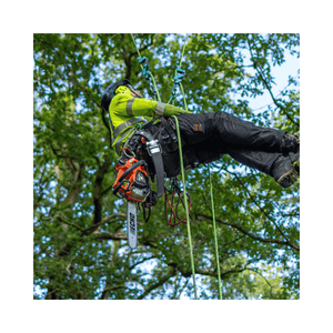 Arborist using the DCS-3500T Battery Top Handle Chainsaw 14" while working at height.