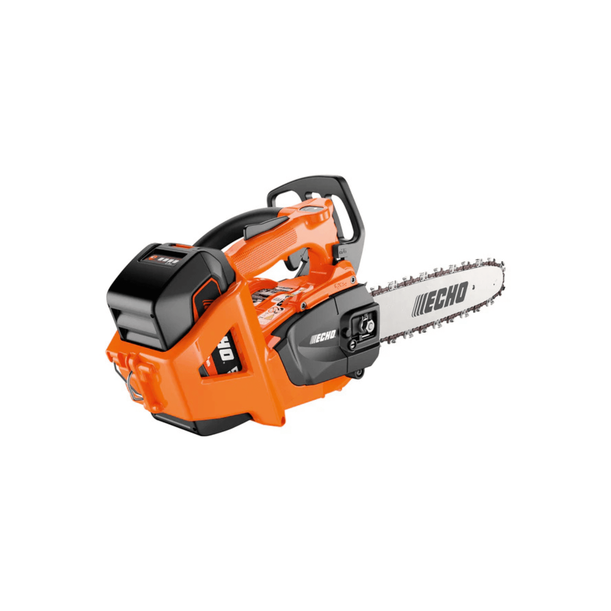ECHO DCS-3500T Battery Top Handle Chainsaw 14" with black and orange design displayed at an angle.