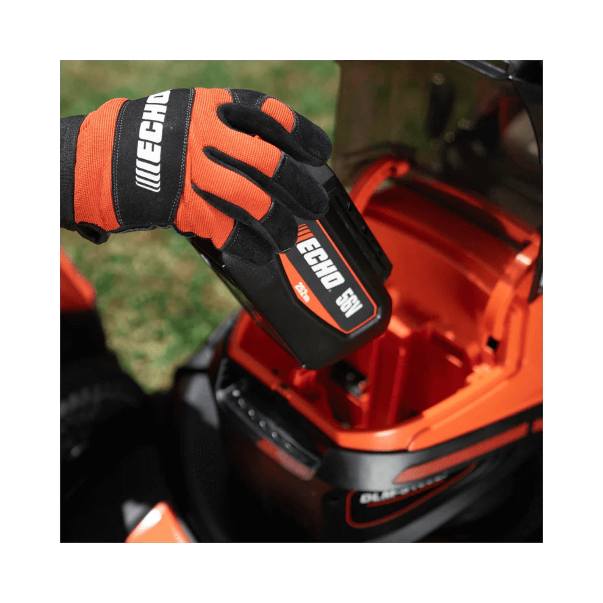 User installing the LBP-56V250 Battery into ECHO equipment, ideal for arborists and tree surgeons.