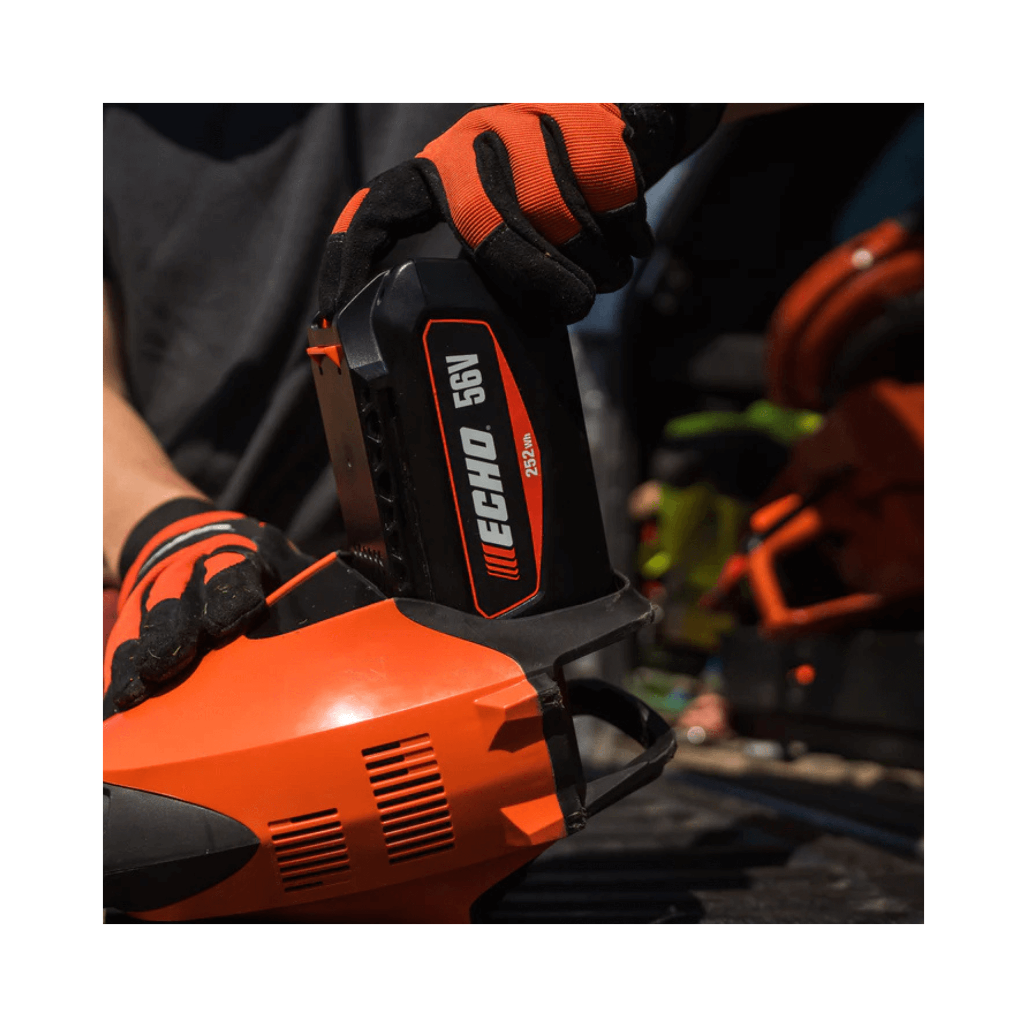 ECHO LBP-56V250 Battery in use, perfect for arborists and tree surgeons, showcasing higher output and faster charging.