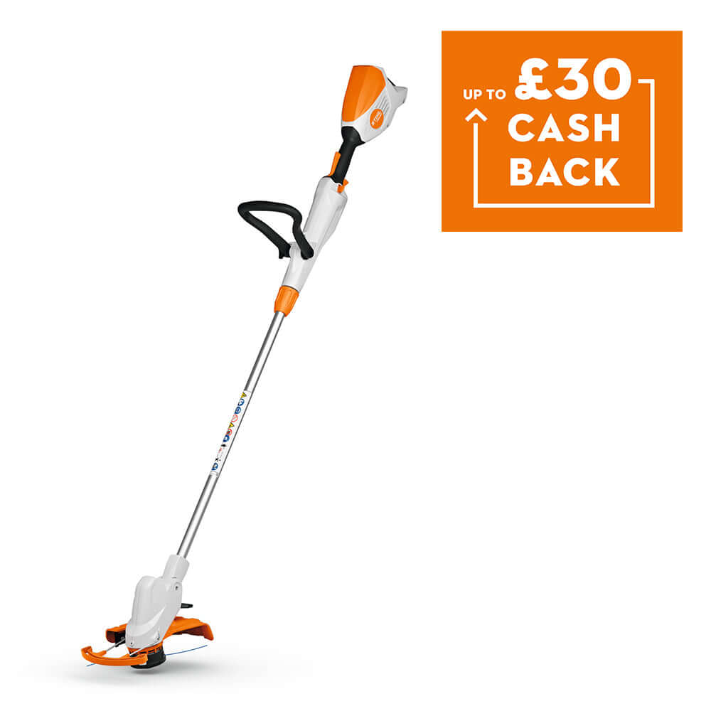 FSA 50 Cordless Grass Trimmer with cashback offer display for up to £30 savings on purchase.