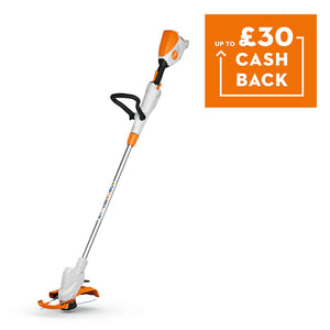 FSA 50 Cordless Grass Trimmer with cashback offer display for up to £30 savings on purchase.