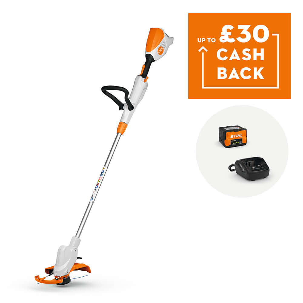 FSA 50 Cordless Grass Trimmer with cashback offer and STIHL accessories.
