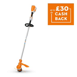 FSA 70 R Cordless Strimmer with cashback offer displayed, tool designed for tree surgeons and garden maintenance.