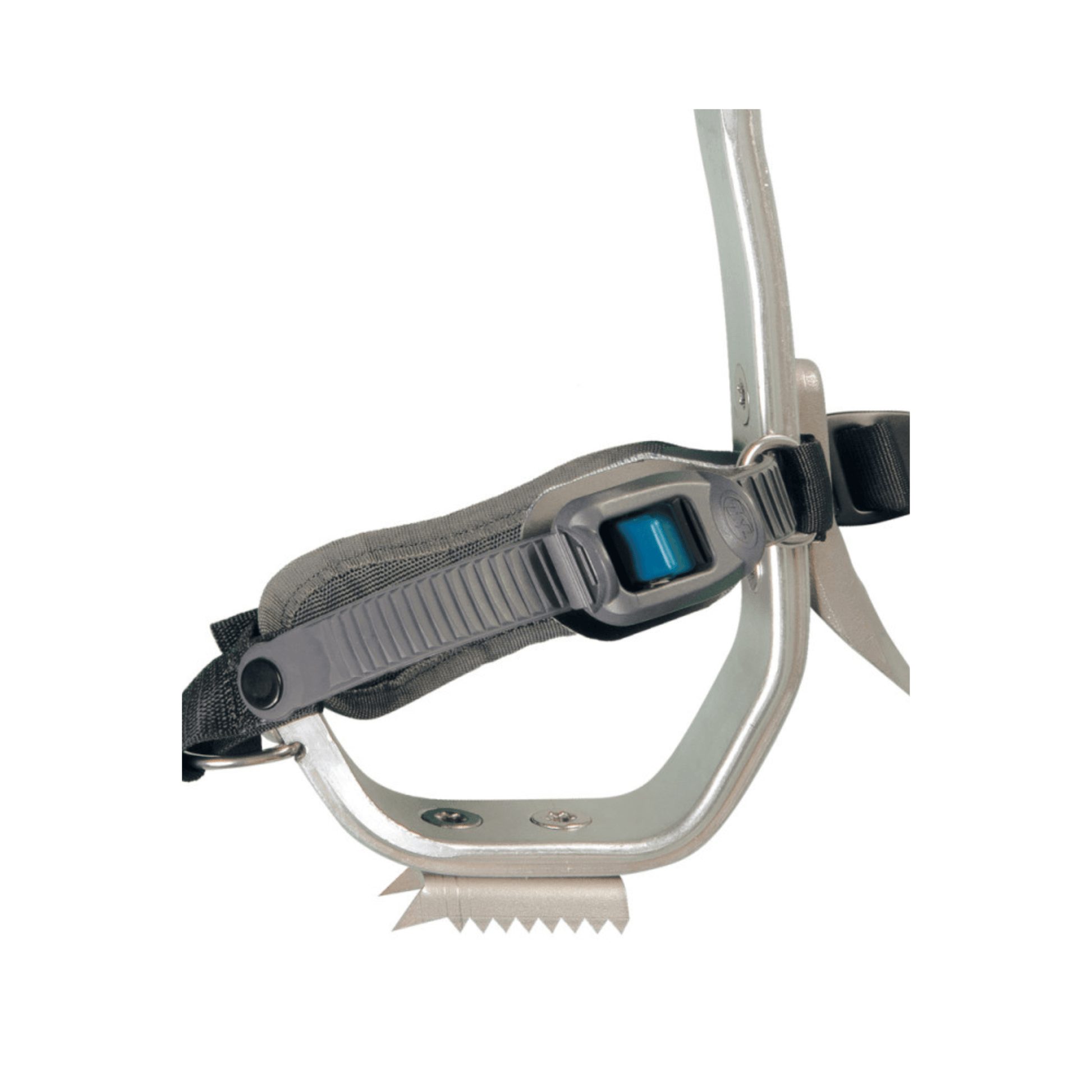 Close-up of Klik N'Ka tree climbing spike with micrometric buckle for quick adjustment, ideal for tree surgeons.