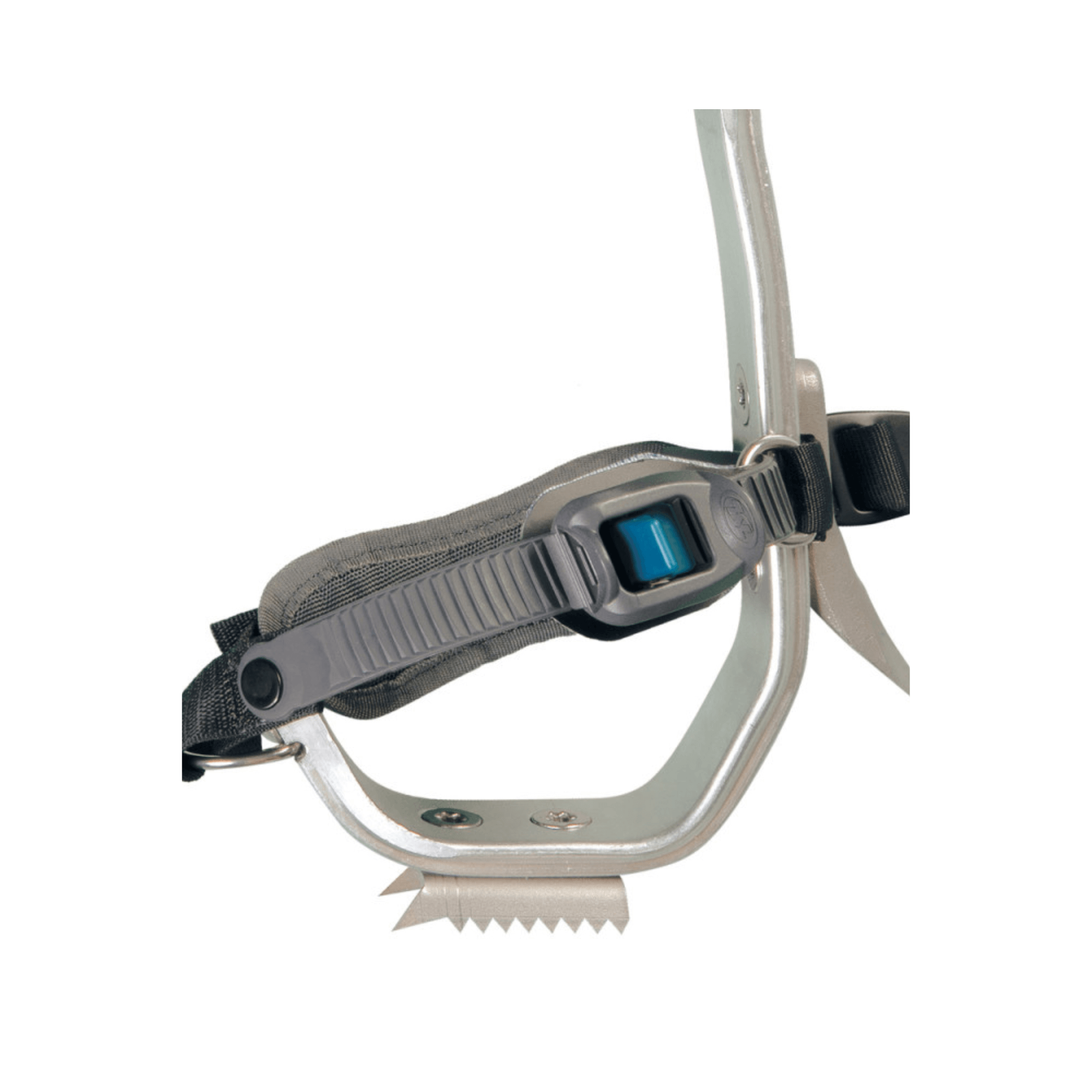 Close-up of Klik N'Ka tree climbing spike with micrometric buckle for quick adjustment, ideal for tree surgeons.