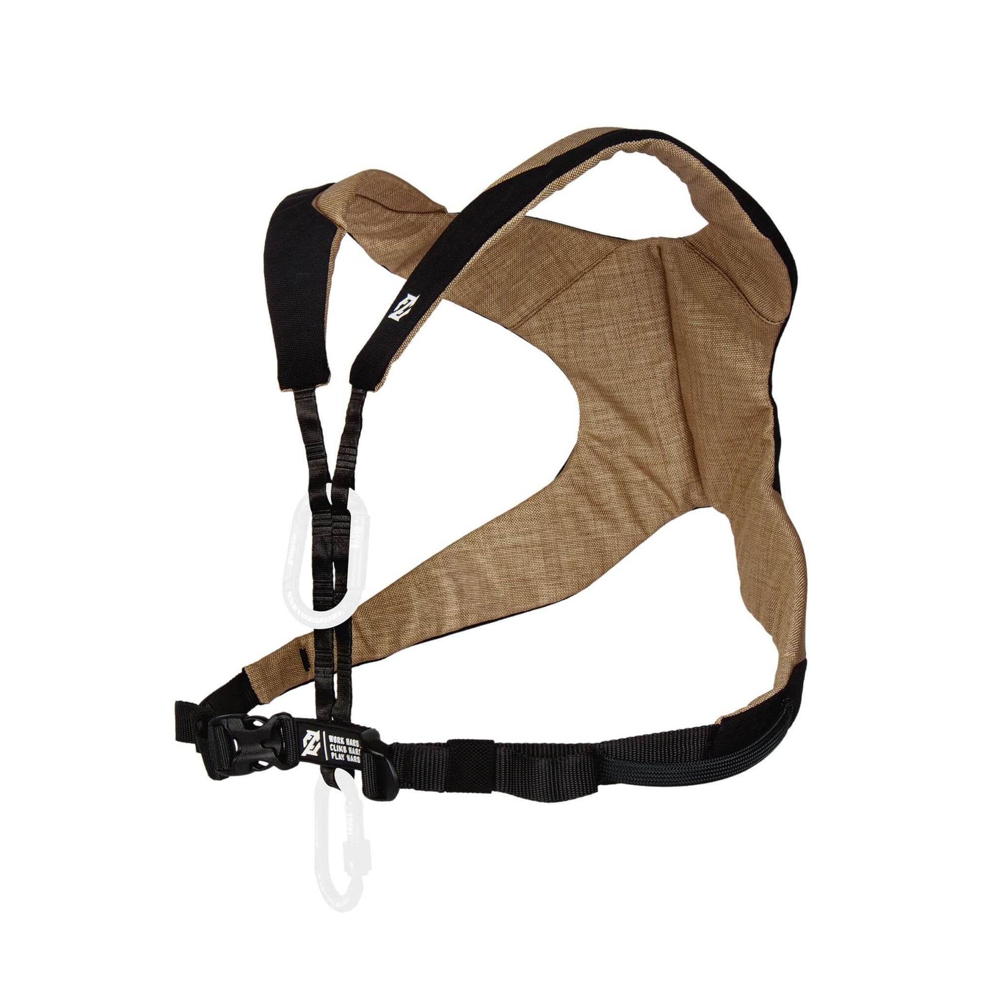 TC Nate Chest Harness, back view. Black/beige "X" design for even load distribution, integrated foam for support, and adjustable straps. Ultra-light arborist gea