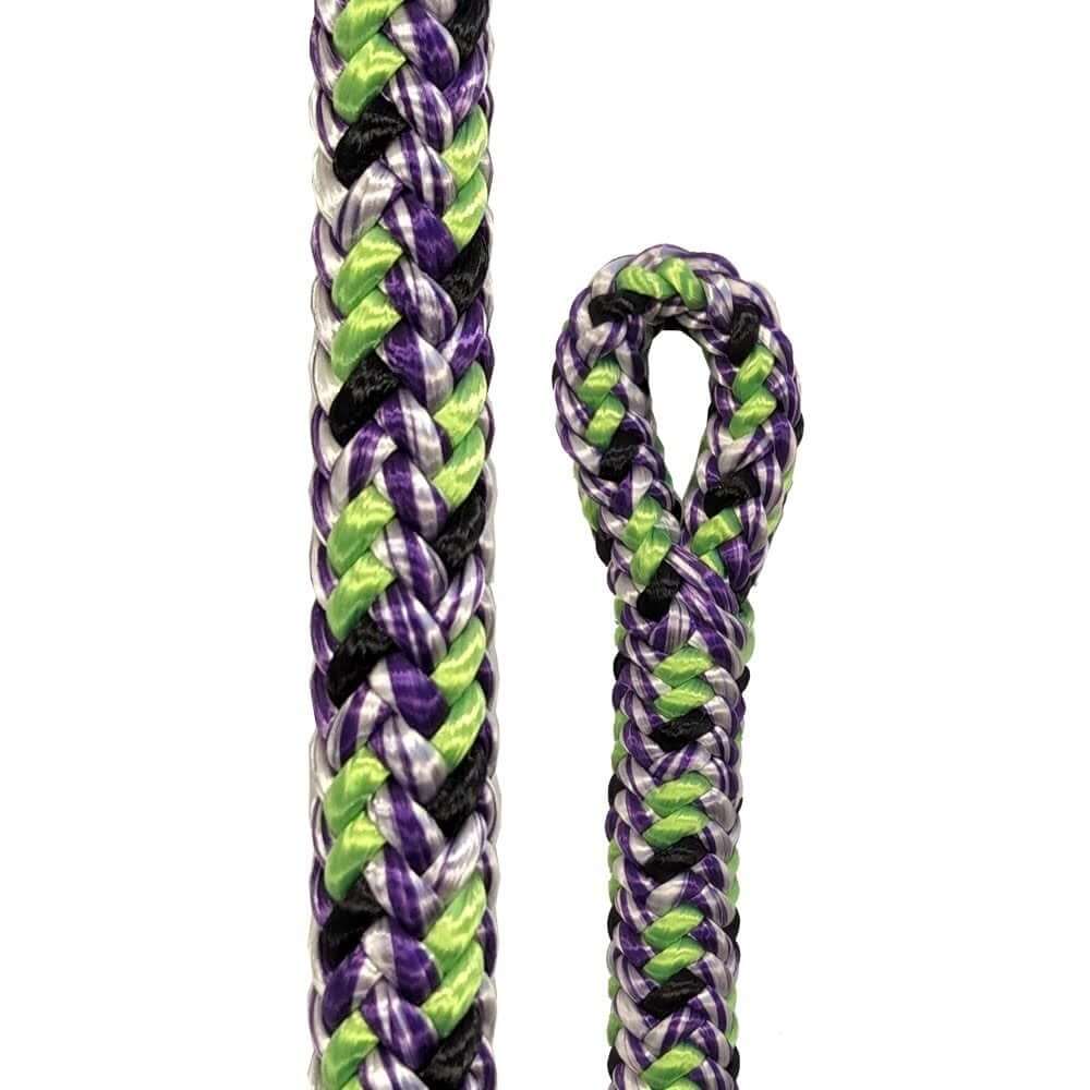 Close-up of Argiope EVO Berry 11.7mm climbing rope, showcasing vibrant green, purple, and black braided design.