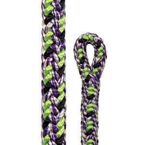 Close-up of Argiope EVO Berry 11.7mm climbing rope, showcasing vibrant green, purple, and black braided design.