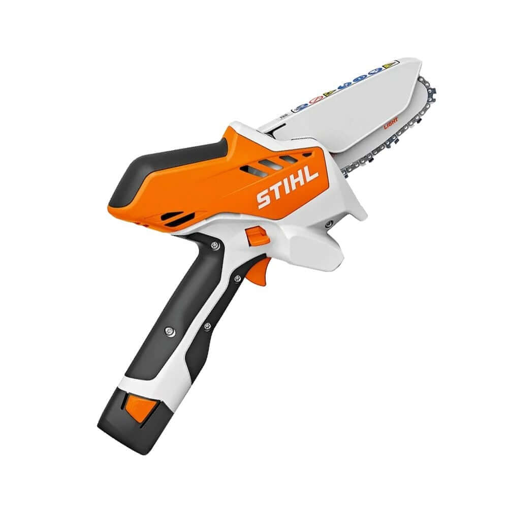 STIHL GTA 26 Cordless Battery Pruning Saw with a black and orange color scheme, including a saw, a battery, and a charger in a black and orange carrying case.