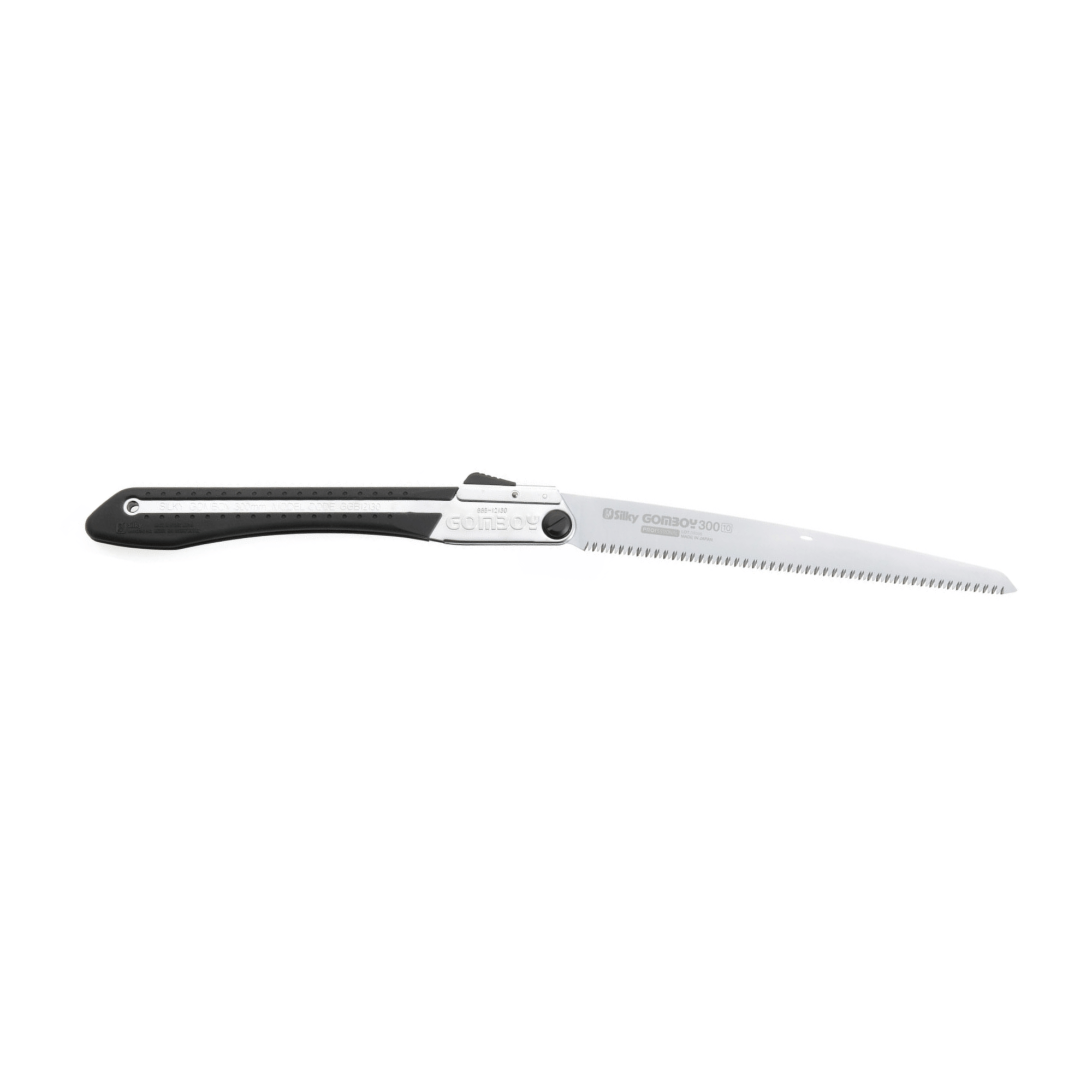 Gomboy Folding Saw with a black ergonomic handle and precision-ground teeth for tree surgeons and gardening.