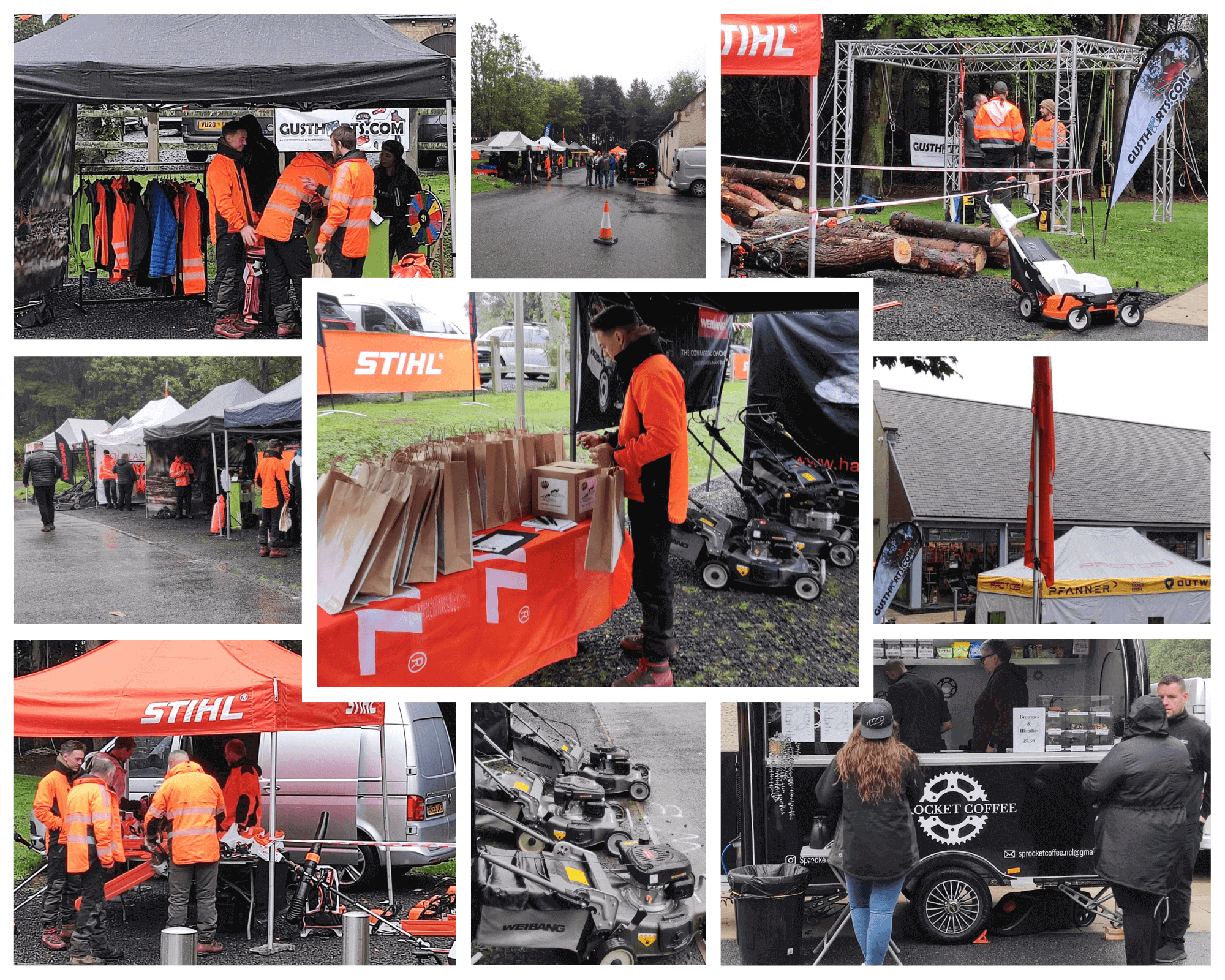 Tree surgeon event showcasing equipment and safety gear with vendors and guests interacting under tents.