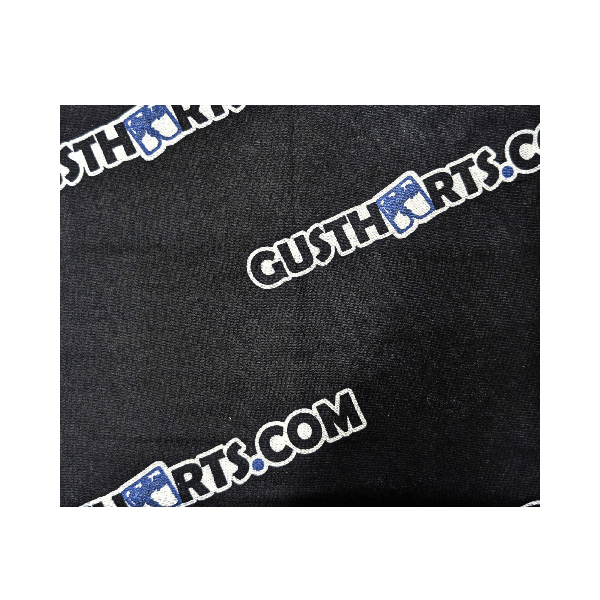 Gustharts Neck Gaiter featuring a black base with repeating Gustharts.com logo, ideal for outdoor professionals.
