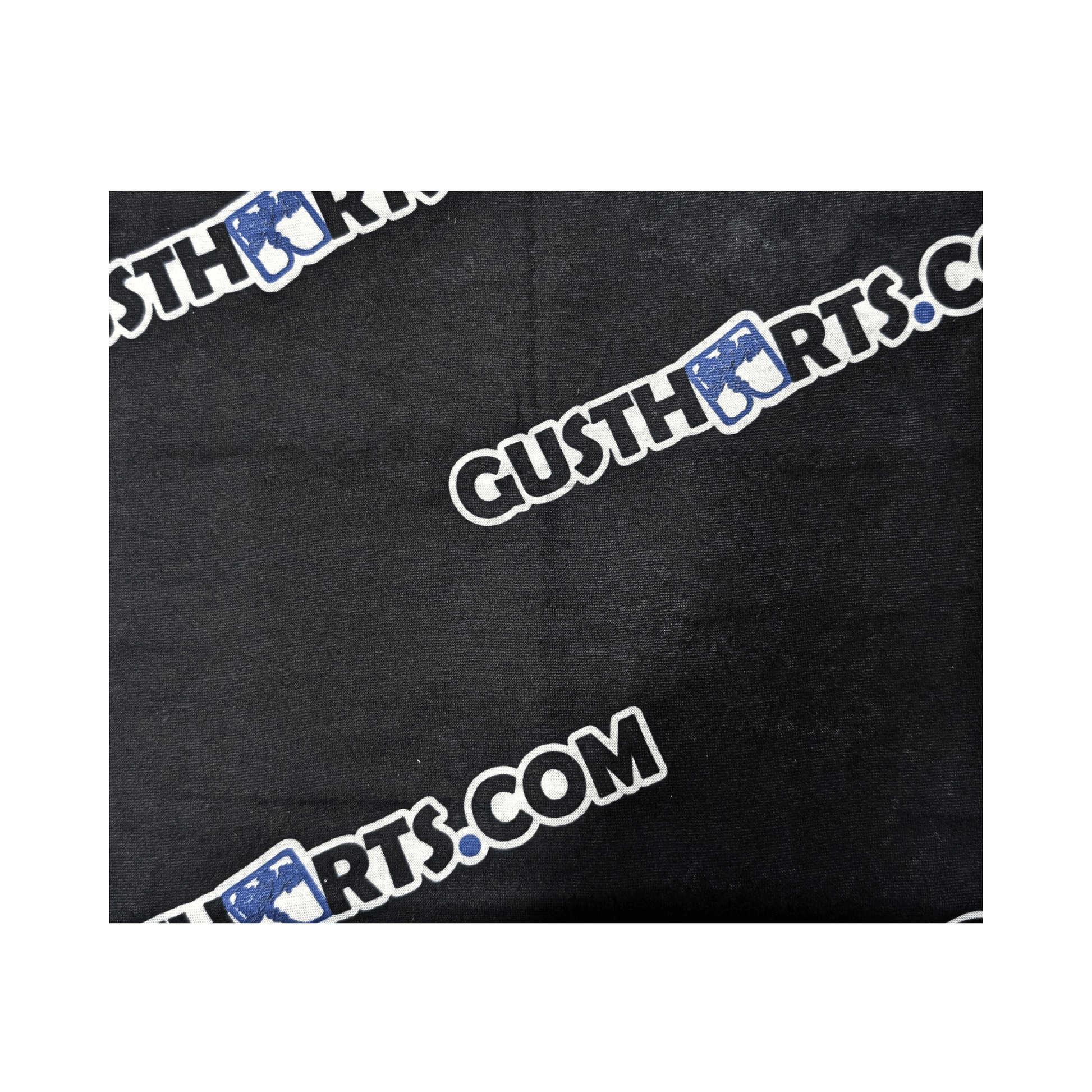 Gustharts Neck Gaiter featuring a black base with repeating Gustharts.com logo, ideal for outdoor professionals.