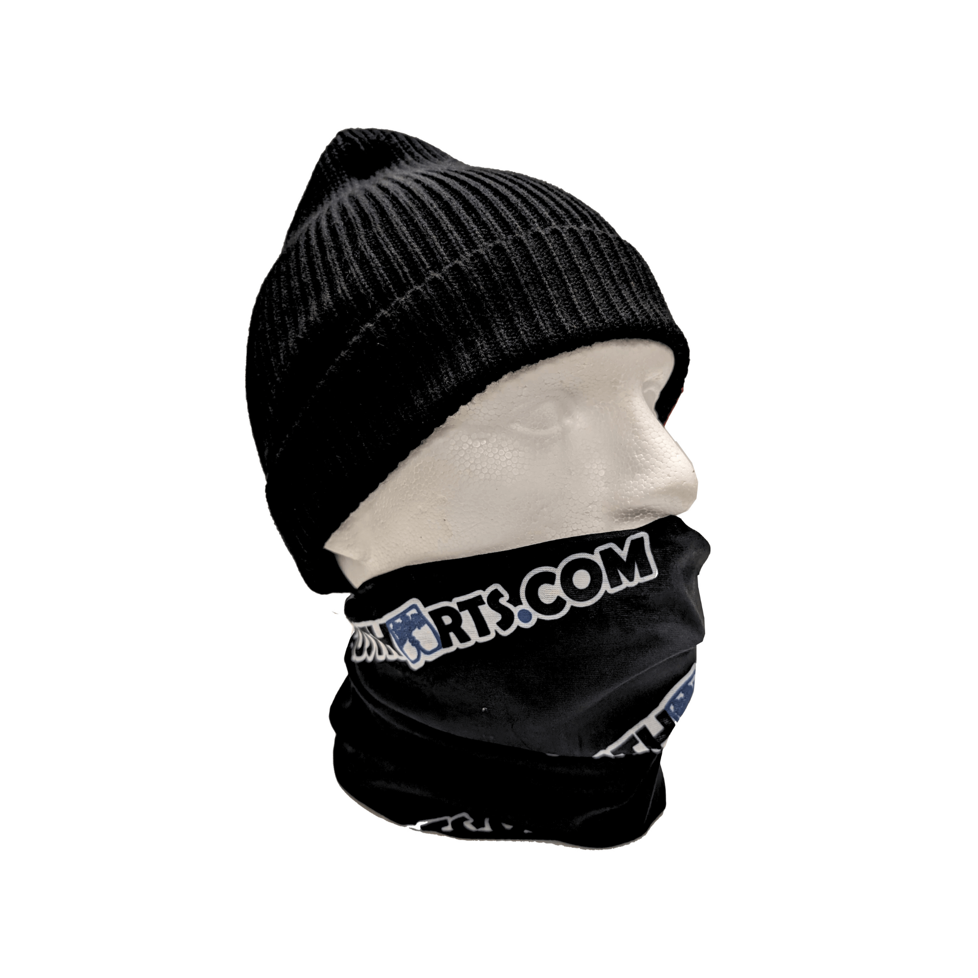 Neck Gaiter displayed with a black beanie, featuring the Gustharts.com logo for outdoor professionals.