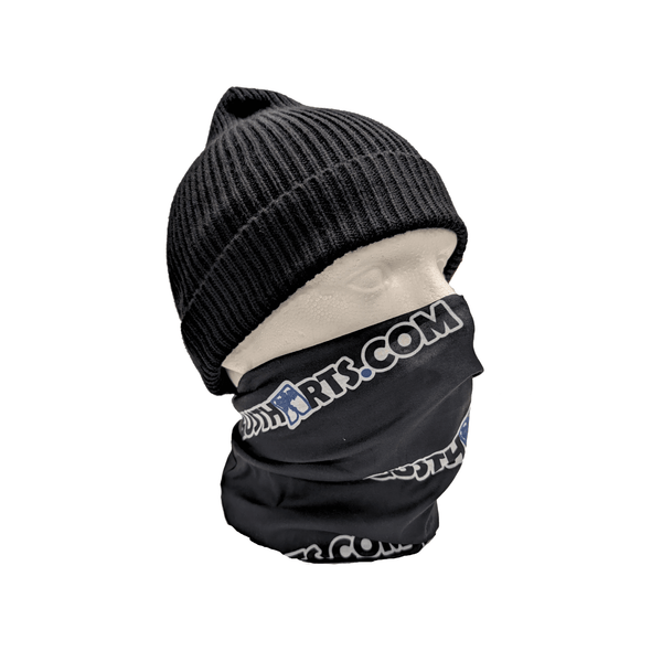 Neck Gaiter worn with beanie, showcasing the Gustharts.com logo for arborists and outdoor professionals.