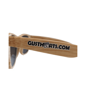 Woody Sunglasses showing Gustharts branding on the wooden effect frame.