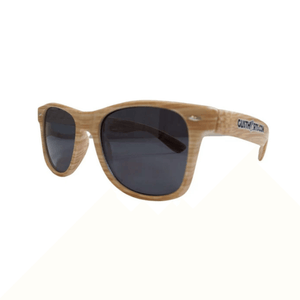 Woody Sunglasses with wood effect frame and UV400 protection, featuring black lenses and Gustharts branding.