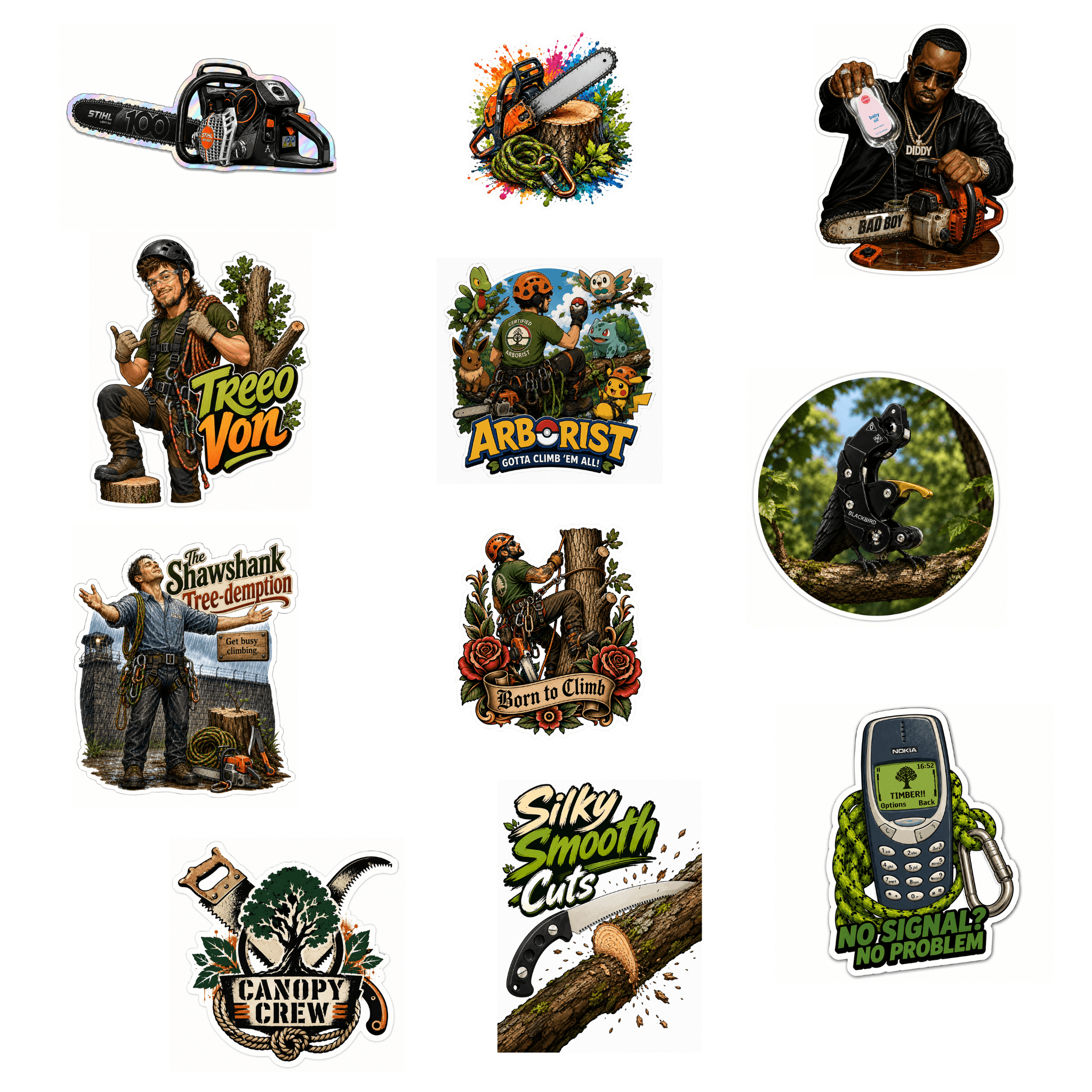 A set of ten distinct stickers featuring various lumberjack and tree-removal themed designs, including logos, illustrations, and humorous slogans, arranged on a plain white background.
