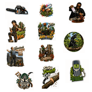 A set of ten distinct stickers featuring various lumberjack and tree-removal themed designs, including logos, illustrations, and humorous slogans, arranged on a plain white background.