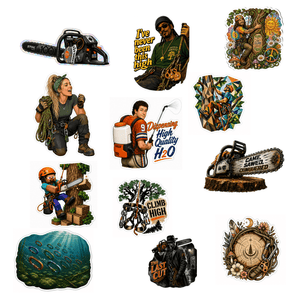 A set of twelve distinct die-cut stickers featuring various outdoor, lumberjack, and climbing-themed illustrations and quotes on a plain white background.
