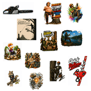 A collage of multiple die-cut stickers featuring outdoor and gaming-themed designs, including a chainsaw, a tree stump sign reading 'Donald's Stump', a game throwline poster, a colorful splatter illustration, a forest scene, cartoon characters, a wolf, and a red reflective safety product with the text 'Quick Reflexes'.
