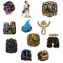 A collage of nine colorful graphic designs or stickers on a plain white background, including a rainbow skull with headphones, a muscular figure holding a chainsaw, an oval scene with people and colorful panels, a worker with a tree, blue water flames, a gold horseshoe with 'Arb Lugging' text, a worker with 'Tsupports' text, a dark gothic skull design, a blue carabiner with a snake, and a bear with the text 'Feeling Chiper'.
