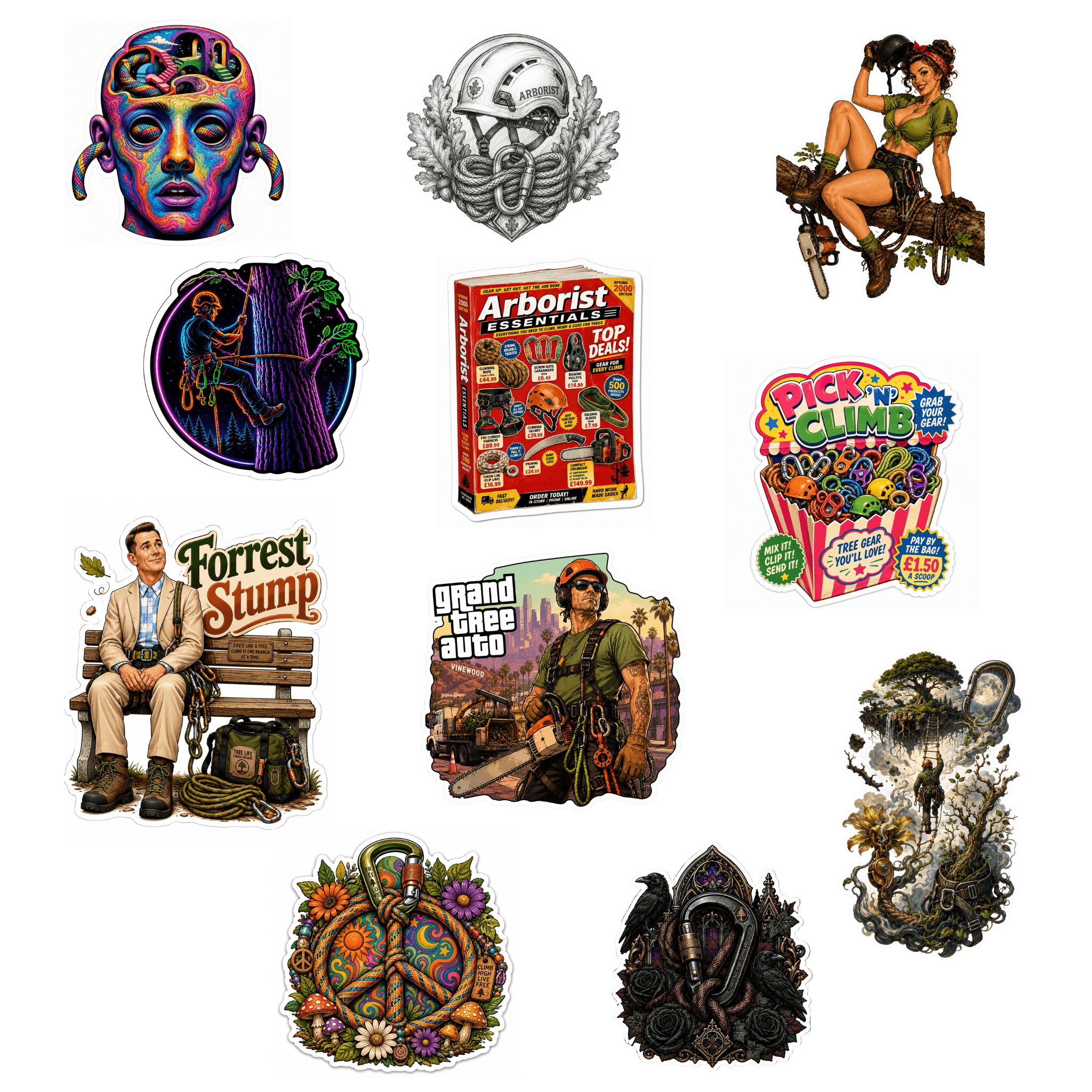 A set of ten colorful die-cut stickers featuring various pop culture and graphic designs, including a multicolor face sticker, a silver skull with a snake, a pin-up girl on a bicycle, a tree with a figure, an Arborist magazine cover, a popcorn bucket sticker, Forrest Gump sitting on a bench, a woman in a green outfit, a peace sign with flowers, and a dark gothic skull design, all arranged on a plain white background.