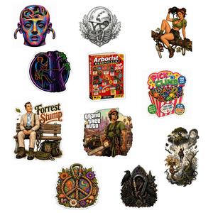 A set of ten colorful die-cut stickers featuring various pop culture and graphic designs, including a multicolor face sticker, a silver skull with a snake, a pin-up girl on a bicycle, a tree with a figure, an Arborist magazine cover, a popcorn bucket sticker, Forrest Gump sitting on a bench, a woman in a green outfit, a peace sign with flowers, and a dark gothic skull design, all arranged on a plain white background.