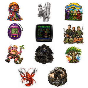 A 3x3 grid of nine distinct retro-themed graphic designs, stickers, and illustrations on a plain white background, including a psychedelic octopus, a sketch of a climber, a TrebleFX game screen, a 'Art Gear' character group, a pink character with a bow, a dark gothic skull artwork, a colorful tree, a red lobster, and an Arborist's Supply logo.