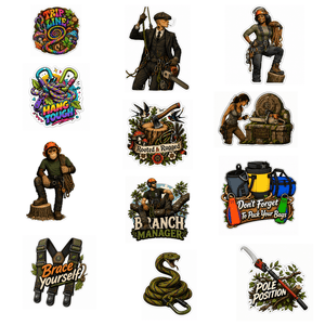 A set of twelve colorful outdoor and camping-themed sticker designs arranged in a grid on a white background, featuring illustrations of campers, tools, snakes, and phrases like 'Brace Yourself!' and 'Rooted & Ready!'.